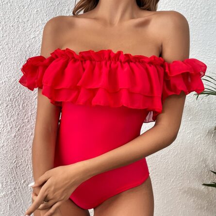 Red Romance Sexy One Piece Ruffle Swimsuit and Beach Cover Up Skirt - Image 5