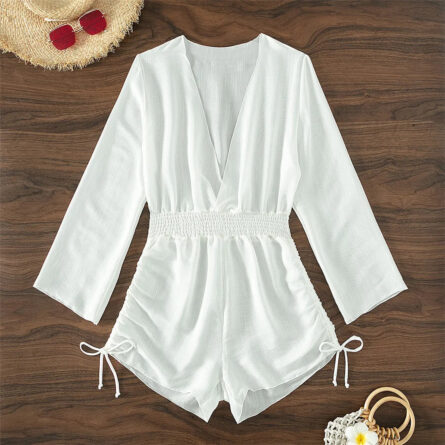 Vacation Time Deep V Neck Long Sleeve Beach Cover Up Romper - Image 7