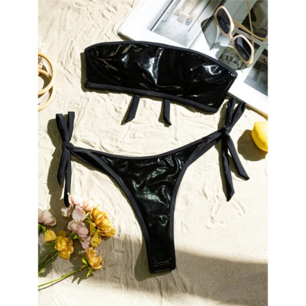 Bandeau PU Faux Leather Thong Bikini - Image 3
