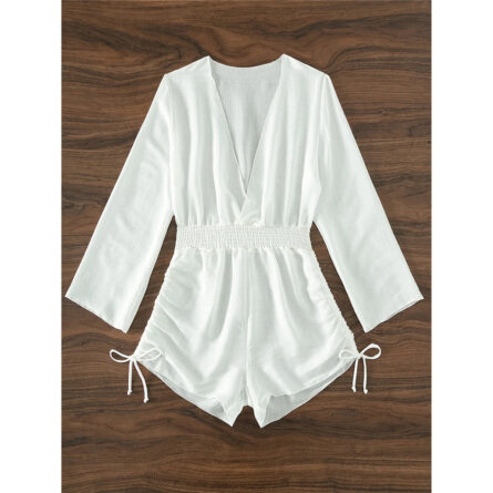 Vacation Time Deep V Neck Long Sleeve Beach Cover Up Romper - Image 10