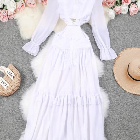 Sardinian Summer White Ruffle Cut Out Waist Maxi Dress - Image 5