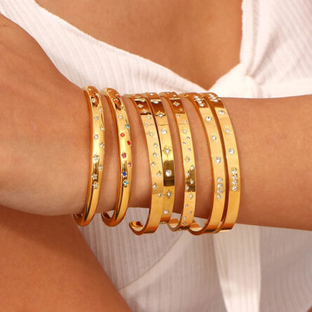 Gold Plated Waterproof Shiny Star & Moon Crystal Cuff Bangles - Image 19