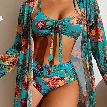 Floral Print Modest Knot Front Bikini including Cover Up Shirt – Bild 5