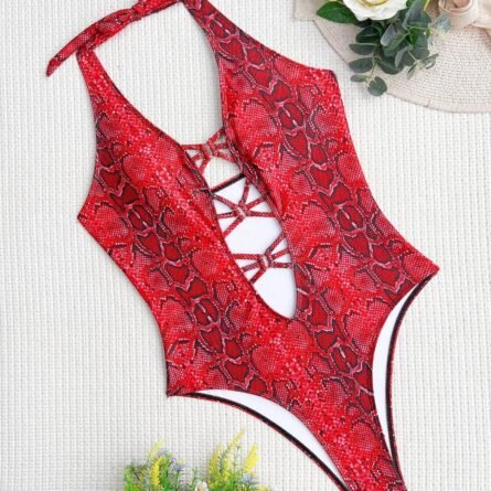 Snake Print Deep Plunge Cut Out Swimsuit - Image 29