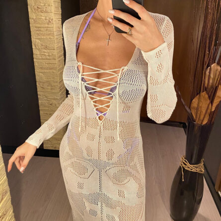 Island Sunset Crochet Beach Deep V Plunge Cover Up Dress – Bild 21