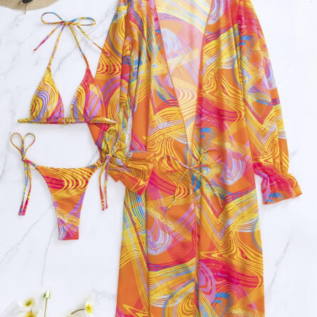 Palm Breeze Paradise 3-Piece Bikini Set with Beach Cover-Up - Image 4