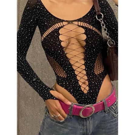 Sexy Shiny Rhinestone Hollow Out Bodysuit - Image 6