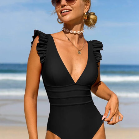 Beach Day Deep V Neck Shoulder Ruffles One Piece Swimsuit - Image 6