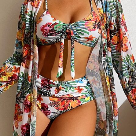 Floral Print Modest Knot Front Bikini including Cover Up Shirt – Bild 7