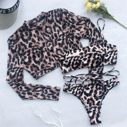 3 Piece Set Leopard Long Sleeve Cover Up Bikini - Image 19