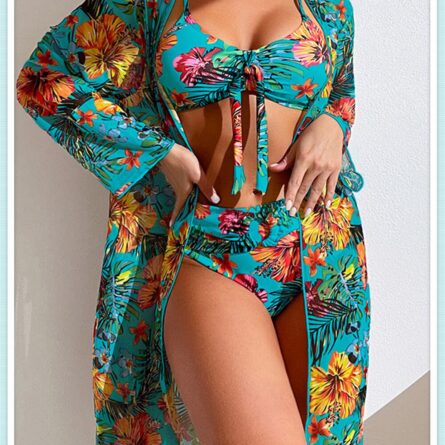 Floral Print Modest Knot Front Bikini including Cover Up Shirt – Bild 19