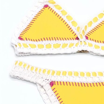 Blue Yellow Neoprene Crochet Swimwear Bikini Set - Image 3