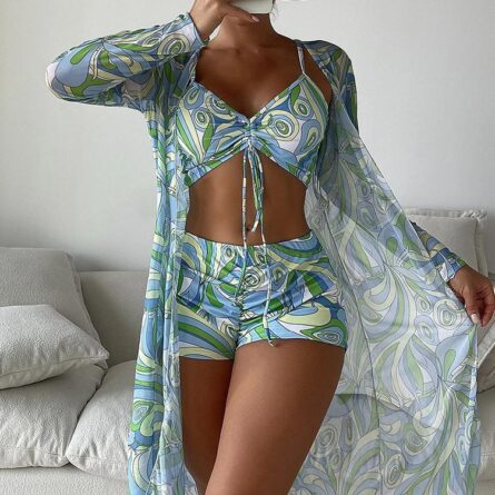 Three Piece Set High Waist Swim Shorts Bikini and Cover Up - Image 6