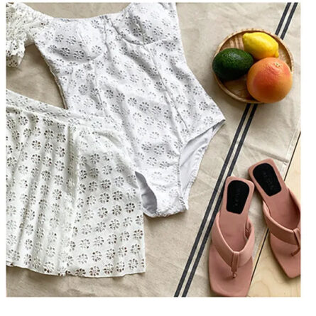 Divine White Short Sleeve Lace Swimsuit Set - Image 11