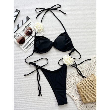 Sunset and Swim 3D Flowers Halter Brazilian Strappy Bikini - Image 7