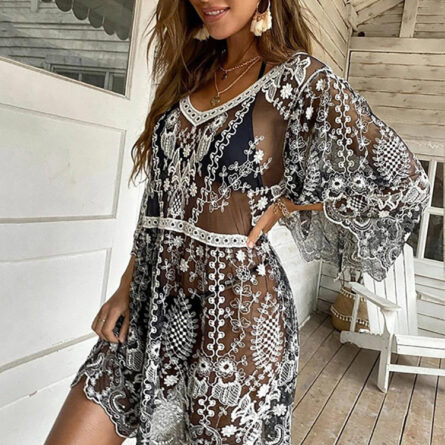 Sunset and Swim Black Lace Crochet Swimsuit Cover Up Dress - Image 15