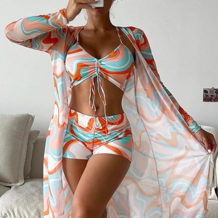 Three Piece Set High Waist Swim Shorts Bikini and Cover Up - Image 7