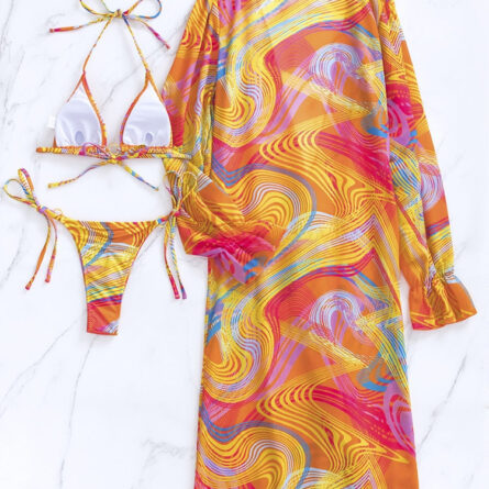 Palm Breeze Paradise 3-Piece Bikini Set with Beach Cover-Up - Image 5