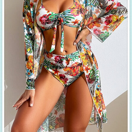 Floral Print Modest Knot Front Bikini including Cover Up Shirt – Bild 12