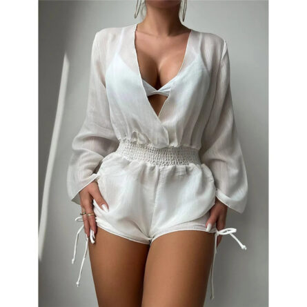 Vacation Time Deep V Neck Long Sleeve Beach Cover Up Romper - Image 2
