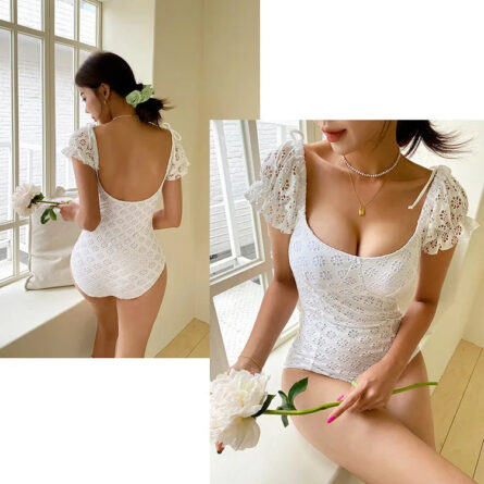 Divine White Short Sleeve Lace Swimsuit Set - Image 18