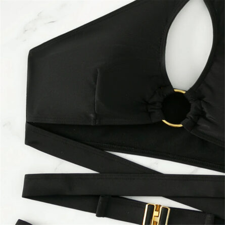 Black Cut Out Wrap Around Halter Strappy Bikini - Image 6
