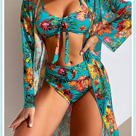 Floral Print Modest Knot Front Bikini including Cover Up Shirt – Bild 20