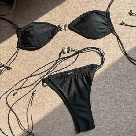 Shiny Black Metal Butterfly Halter  Bikini - Image 5