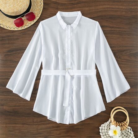 White Long Sleeve Shirt With Belt Bikini Cover Up - Image 3