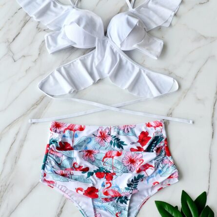 Floral Dreams Sexy White Ruffled High Waist Bikini - Image 6
