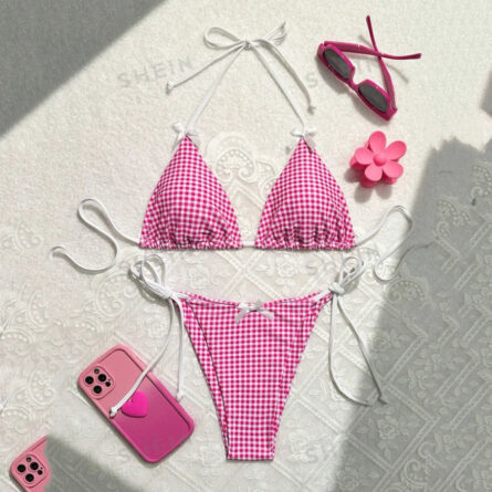 Sweet Sunset Plaid Bows Halter Bikini – Bild 6
