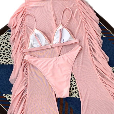 3 Piece Bikini Set with Transparent Mesh Ruffled Beach Cover Up Pants - Image 100