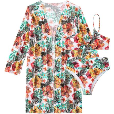 Floral Print Modest Knot Front Bikini including Cover Up Shirt – Bild 6