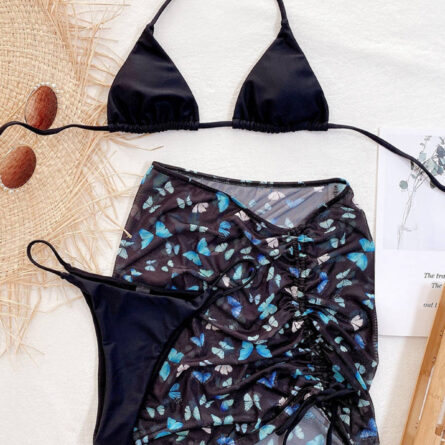 Premium Halter Butterfly Printed Bikini Set With Beach Cover Up Skirt - Image 2