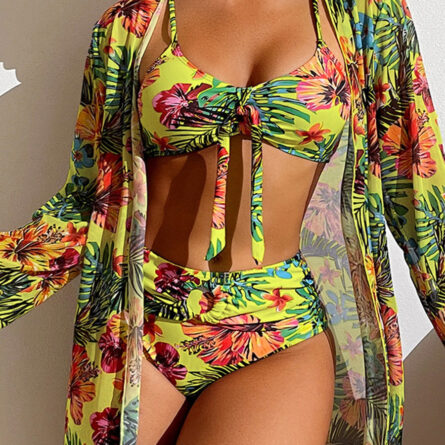 Floral Print Modest Knot Front Bikini including Cover Up Shirt – Bild 8