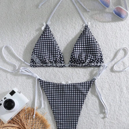 Sunset Charm Plaid Bikini With Bows - Image 12