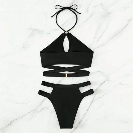 Black Cut Out Wrap Around Halter Strappy Bikini - Image 5