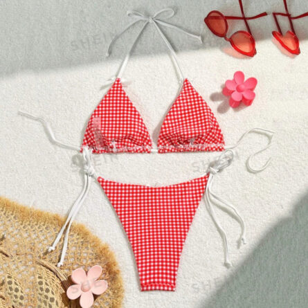 Sweet Sunset Plaid Bows Halter Bikini – Bild 12