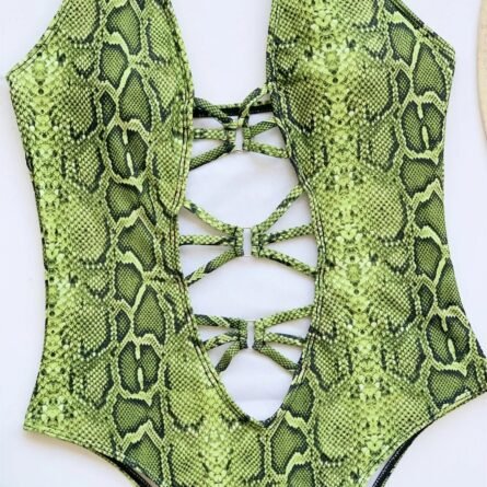 Snake Print Deep Plunge Cut Out Swimsuit - Image 27