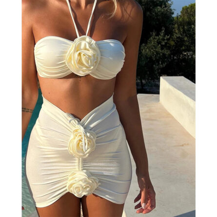 Blooms in Harmony: 3D Floral Bikini Set with Matching Cover-Up Skirt - Image 2