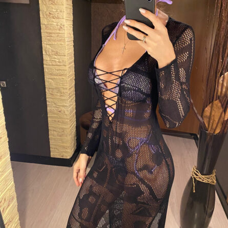 Island Sunset Crochet Beach Deep V Plunge Cover Up Dress – Bild 14