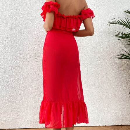 Red Romance Sexy One Piece Ruffle Swimsuit and Beach Cover Up Skirt - Image 4