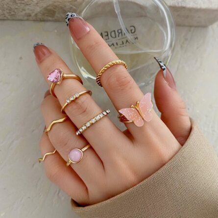 Boho Sensation Pink Butterfly Heart Wave Ring Set – Bild 30