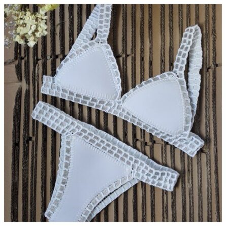 Italy Intense Sexy White Crochet Neoprene Triangle Bikini Set - Image 7