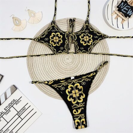 London Print Sexy Open Cut Out Hollow Out Golden Bikini - Image 2