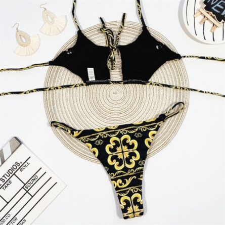 London Print Sexy Open Cut Out Hollow Out Golden Bikini - Image 3