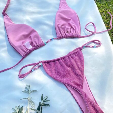 Pink Glitter Brazilian Thong Bikini - Image 2