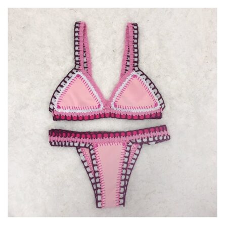 Sunset and Swim Sexy Handmade Neoprene Crochet Pink Bikini Set - Image 6
