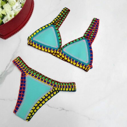 Sunset and Swim Sexy Neoprene Crochet Triangle Bikini Turquoise - Image 6