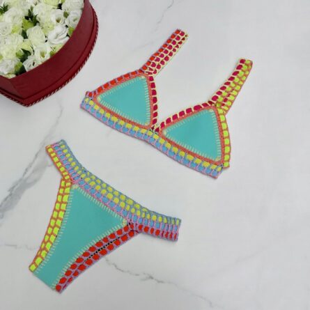 Sunset and Swim Sexy Neoprene Crochet Triangle Bikini Turquoise - Image 4